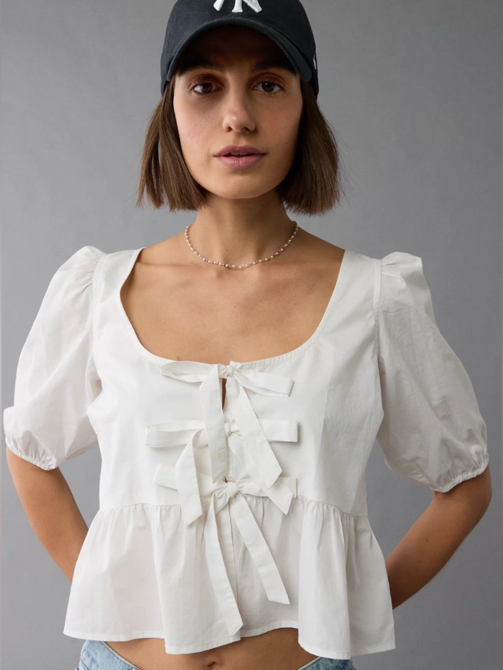 NWT AE Puff Sleeve Tie Front Top